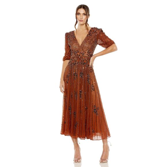 Mac Duggal Dresses & Skirts - Mac Duggal 5995 Embellished Dress 3/4 Puffed Sleeve V-Neck Cinnamon Size 8